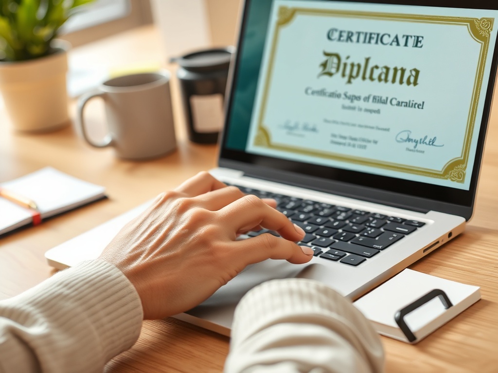 На ноутбуке открыто свидетельство об обучении, рядом ручка и кружка с кофе. Рука печатает.