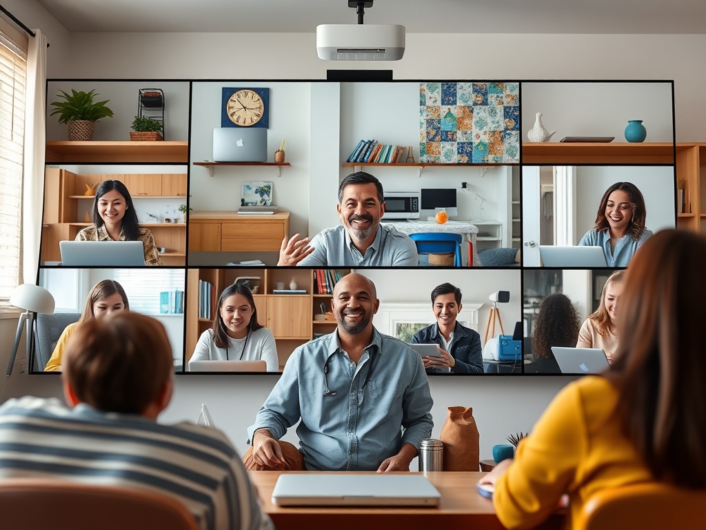 На изображении команда участвует в видеозвонке, обсуждая идеи и работая совместно.