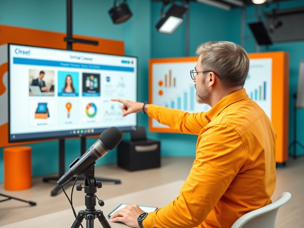 Человек в оранжевой рубашке указывает на экран с графиками и информацией в студии. Микрофон рядом.