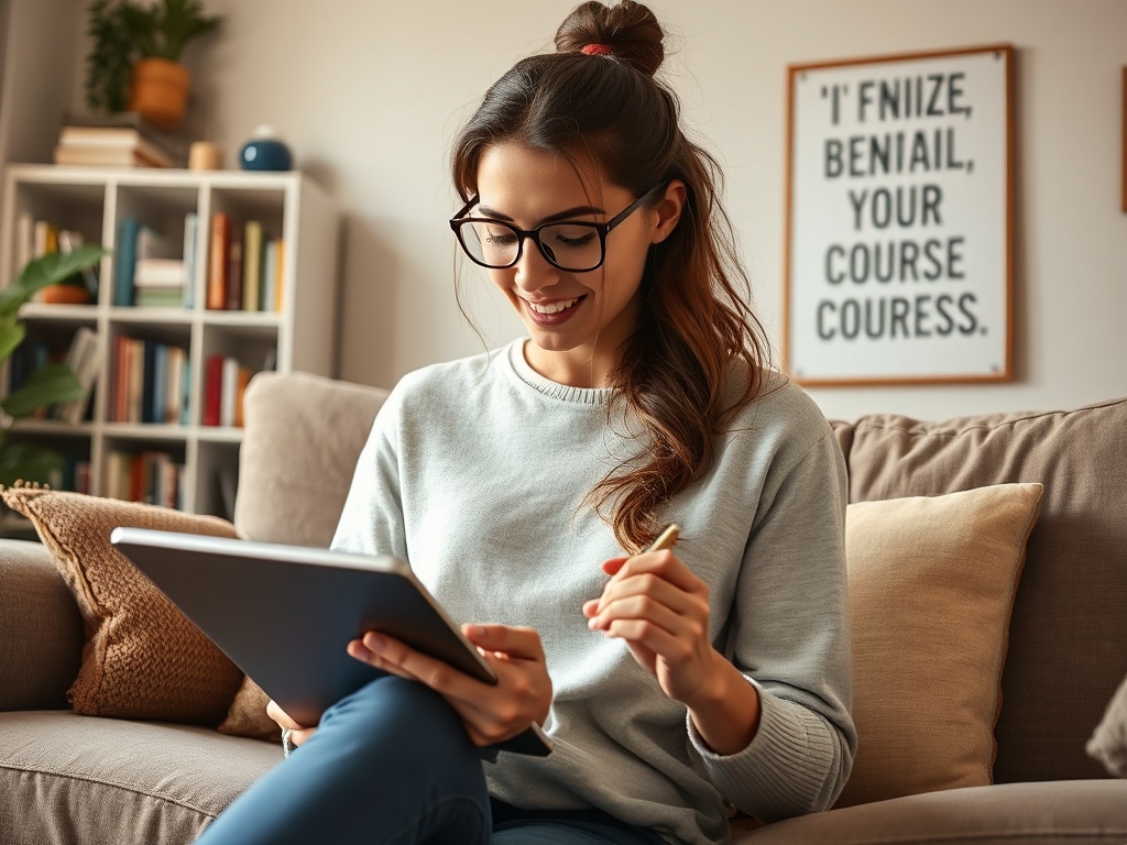 Молодая женщина с планшетом и ручкой улыбается, сидя на диване в уютной комнате с книжным стеллажом.